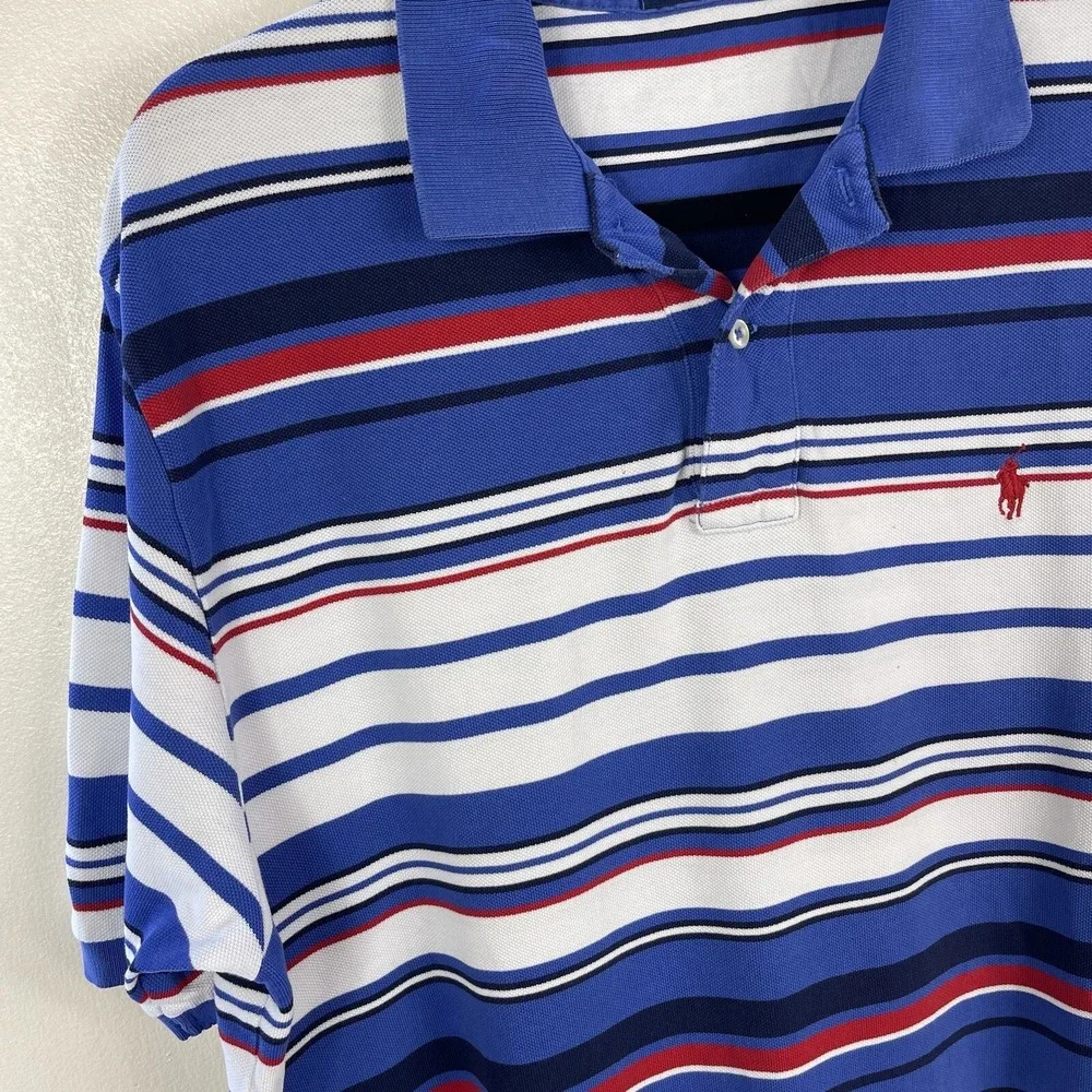 Polo Ralph Lauren Shirt Mens Large Blue White Striped Short Sleeve Top‎ Cotton
